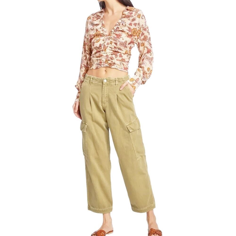 FREE PEOPLE First Light Utility Cotton Cargo Button-Cuff Pants Boa Green Size 6